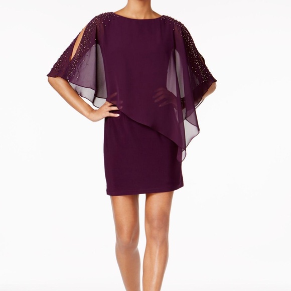 NWOT XSCAPE Purple Stretch Embellished Cape Overlay Sleeveless Dress; women’s 8 - Picture 2 of 11